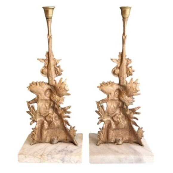 Pair of Antique Ormolu and Marble Colonial Style Candleholders - Picture 3 of 11
